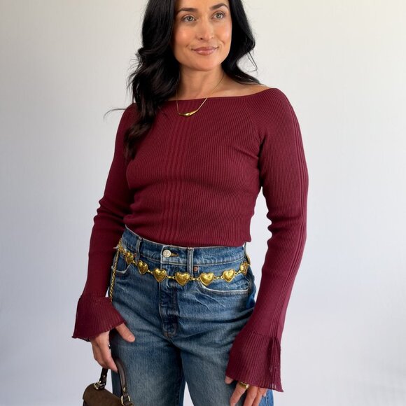 Women’s Ballet Neck Knit Top – Wine Red - Picture 4 of 8